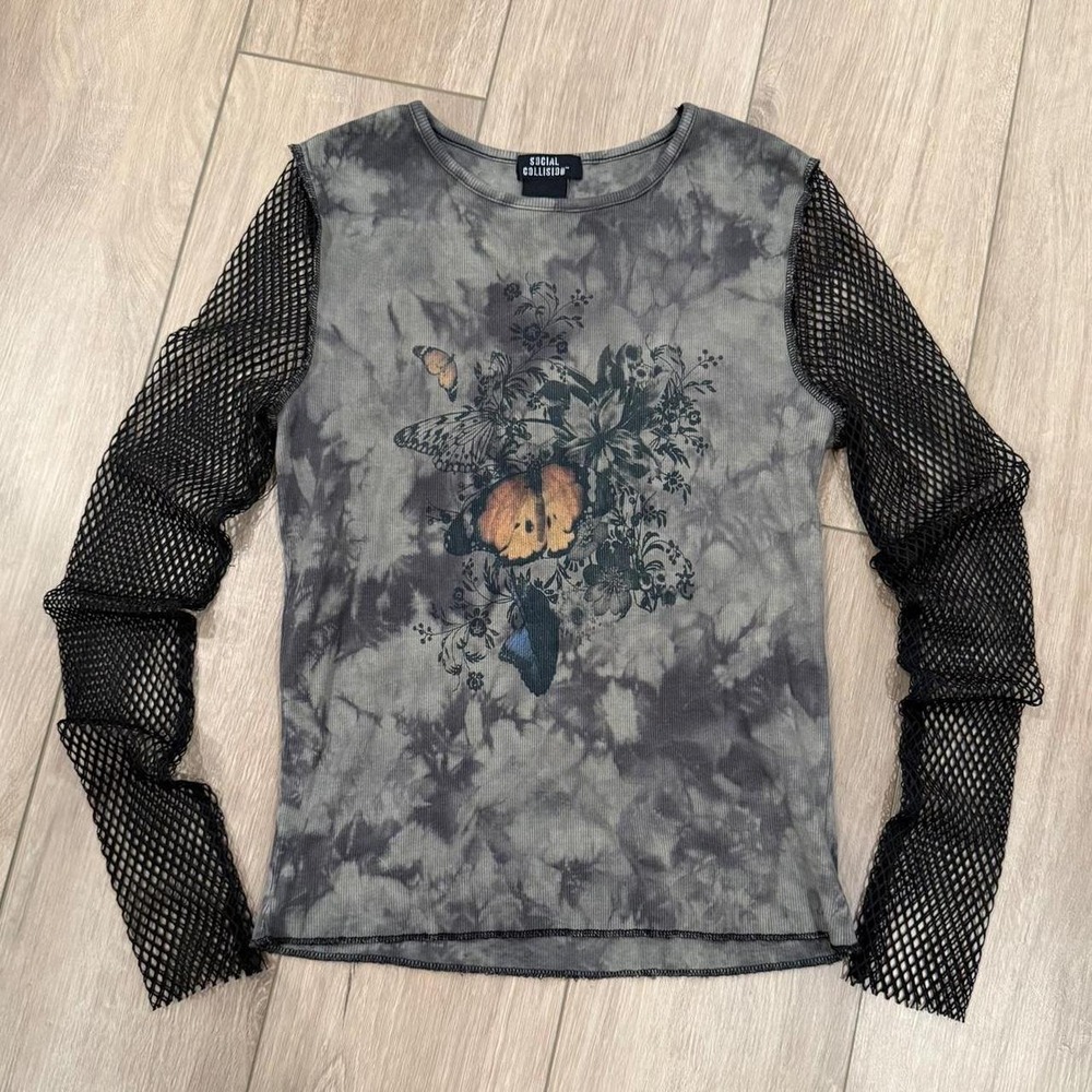 Social Collision y2k grunge  tie-dye long sleeve top with black mesh size Medium